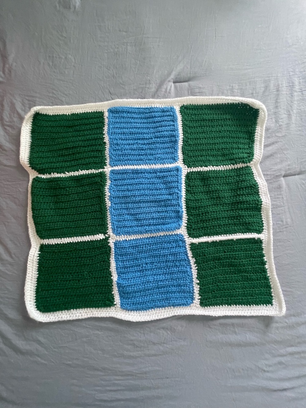 Handmade Crochet Blanket Square - Green & Blue with White Trim